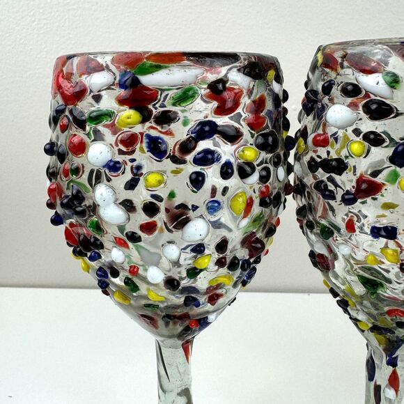 Hand Blown Colorful Textured Confetti Ball Wine Glass Mexican Glasses Lot of 3 - Picture 5 of 7